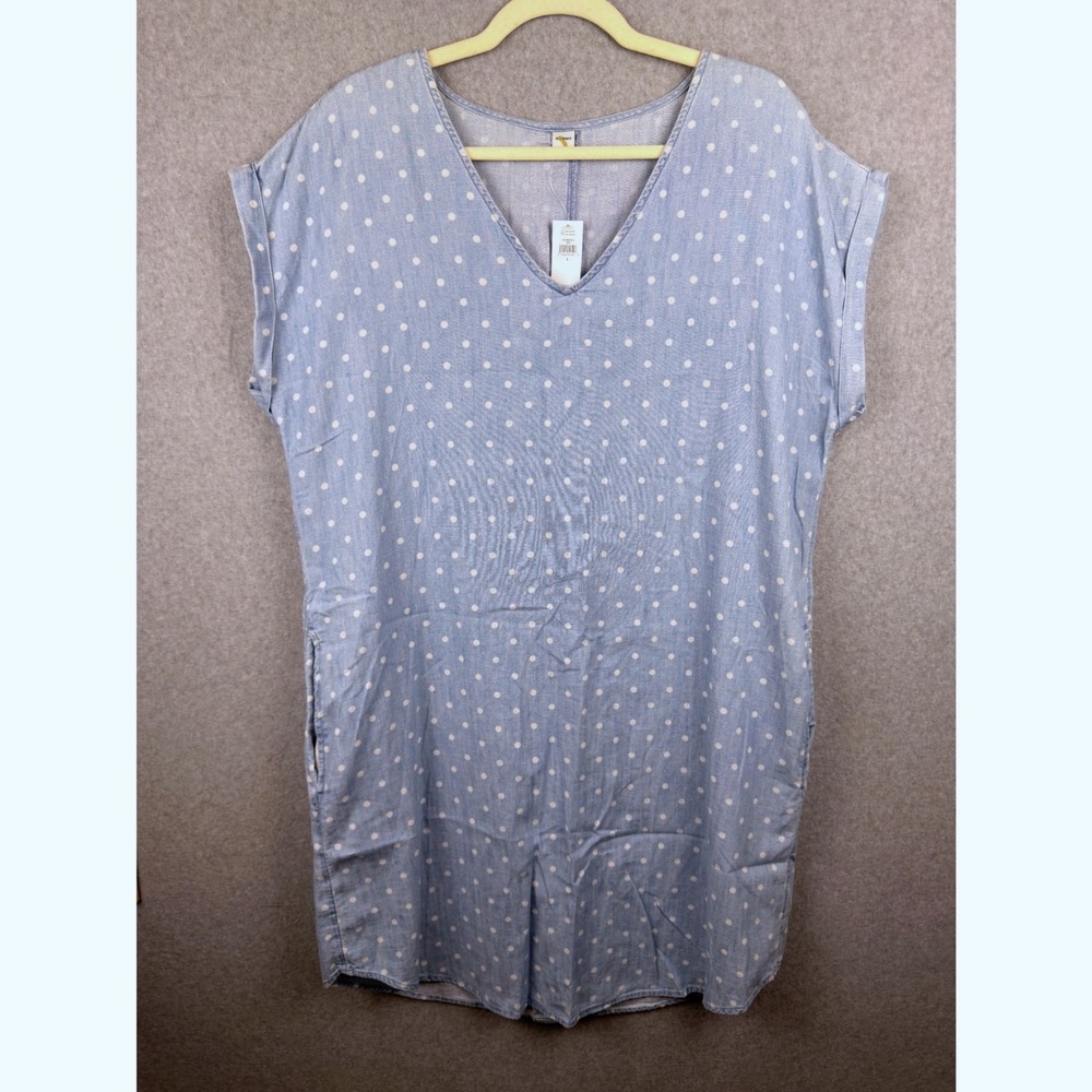 Old Navy Blue Polka Dot Chambray V-Neck Button Back Shift Dress Large NWT